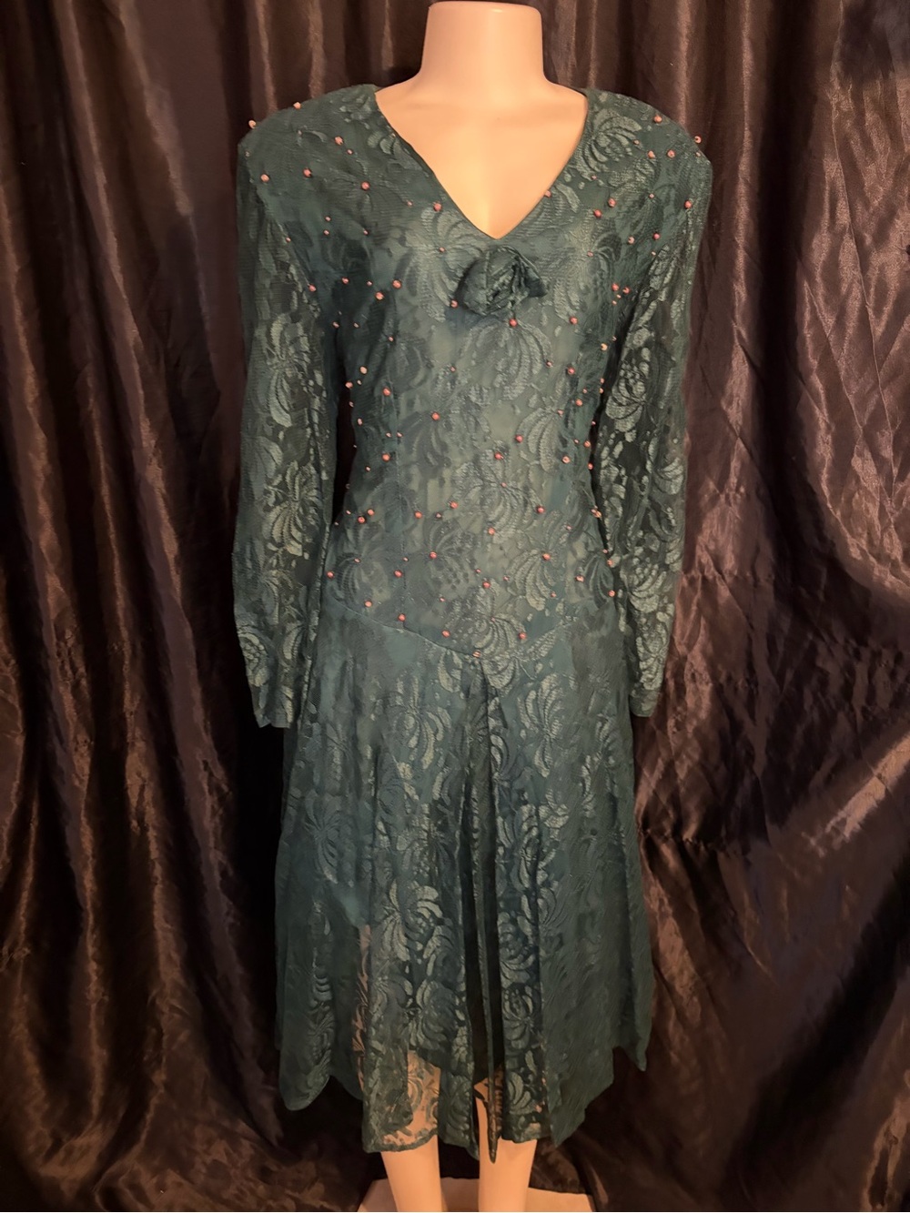 karin stevens Teal Lace Long-Sleeve V-Neck Dress with Pink Bead Accents